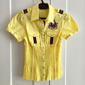 Coogi, Vintage Y2K, Womens Snap Up, Fitted Shirt, Elastic Waist Yellow‎ Size S